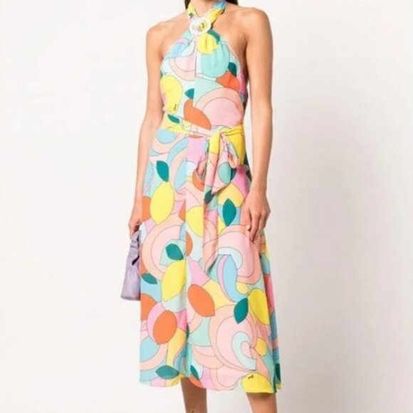STAUD Dresses & Skirts - NWT Staud Sz XS Women's The Kai Midi Halter Neck Dress in Citrus Kaleidoscope